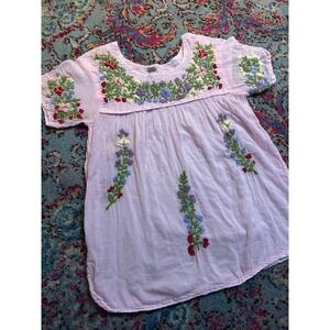 Raj Embroidered Blouse Pink Cotton Gauze Floral Boho Folk Top Medium